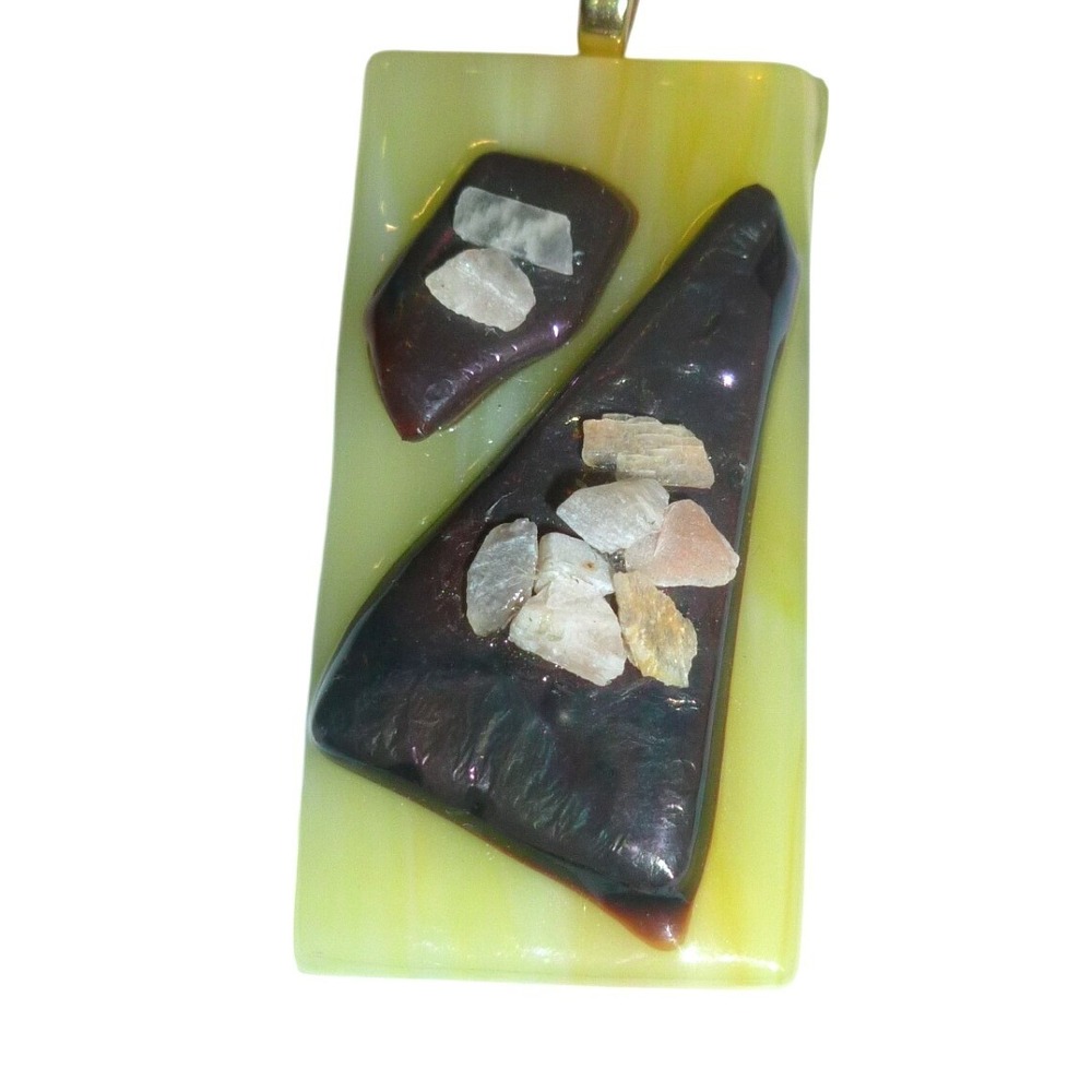 Artisan Fused Slag Glass Pendant Abstract Yellow Brown Geometric Stone Chips